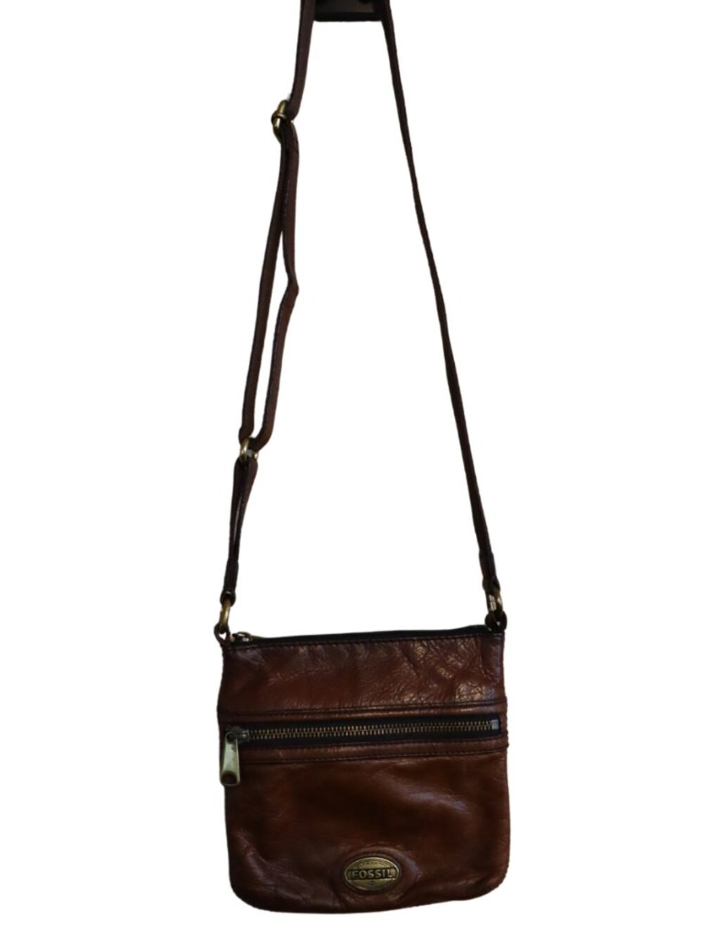 Fossil Explorer Mini Crossbody Bag Brown Leather Zip Purse Brass Logo Plaque